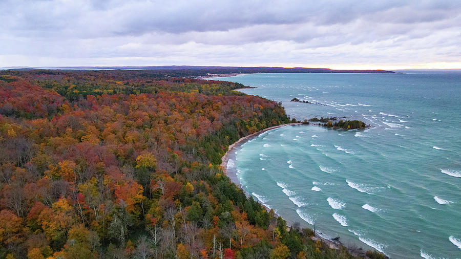 Lake Michigan coast overhead view with fall colors Photograph by Eldon McGraw