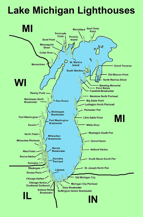 Lake Michigan Drawing - Lake Michigan Lighthouse Map by Jerry McElroy