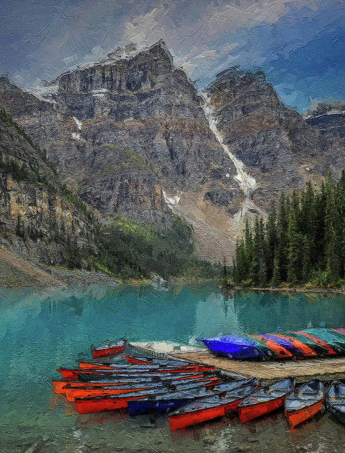 Lake Moraine Banff Kayaks Painting Painting by Dan Sproul