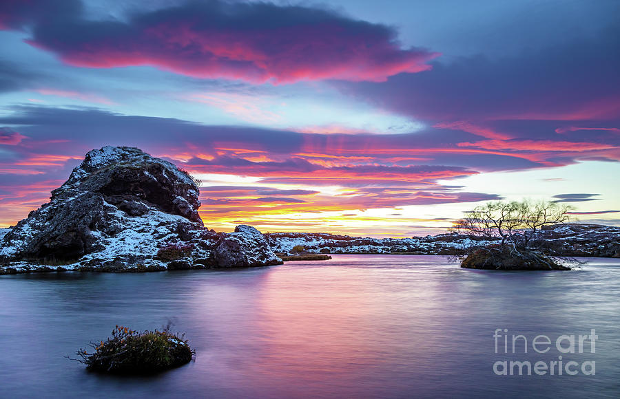 Lake Myvatn at sunset, highlands of northern Iceland. Long expos Photograph by Jane Rix
