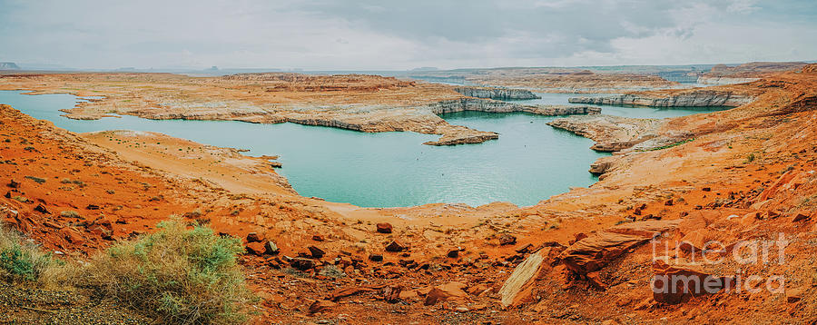 Lake Powell overlook, panorama. Red rocks, cliffs, bluffs, and c Photograph by Hanna Tor
