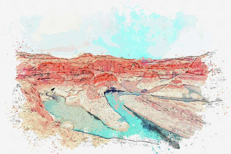 Nature Painting - Lake Powell Utah in watercolor ca by Ahmet Asar  by Celestial Images