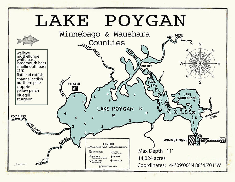 Lake Poygan Wisconsin Map Digital Art by Jean Plout