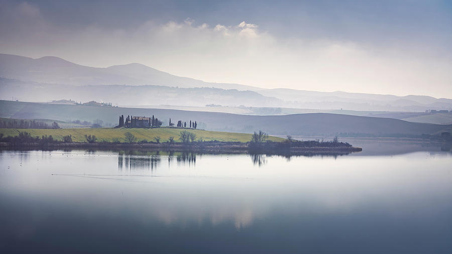 Lake Santa Luce in a misty morning. Tuscany Photograph by Stefano Orazzini