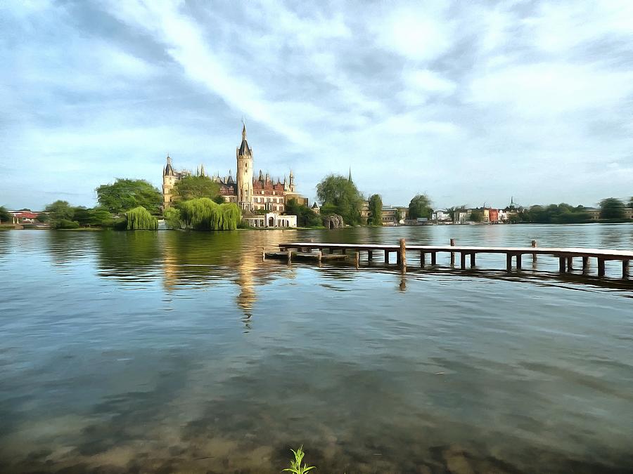 Lake scenery with Schwerin castle Digital Art by Marina Kaehne