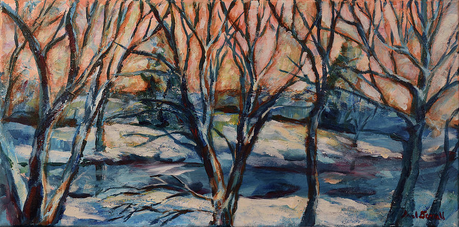 Lake Snow Scene Sunset Painting by David Dorrell