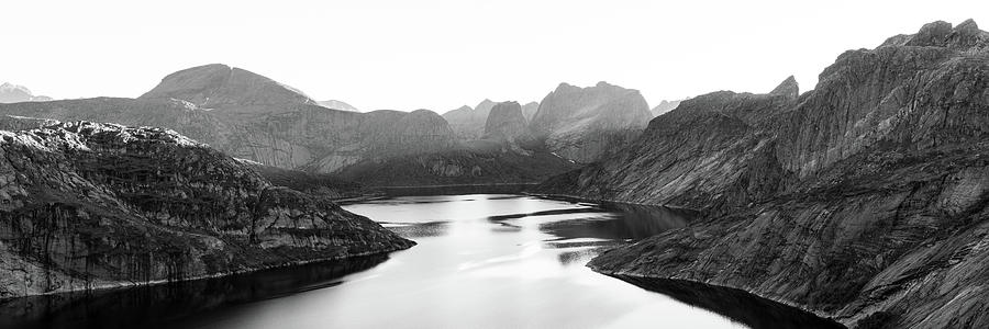 Lake Solbjornvatnet Moskenesoya Lofoten Islands Black and white Photograph by Sonny Ryse