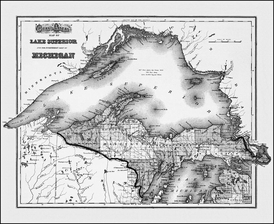 Vintage Photograph - Lake Superior and Northern Michigan Vintage Map 1873 Black and White by Carol Japp
