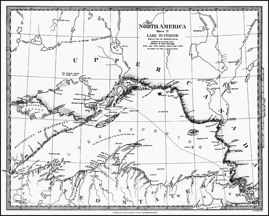 Vintage Photograph - Lake Superior Vintage Map 1832 Black and White  by Carol Japp