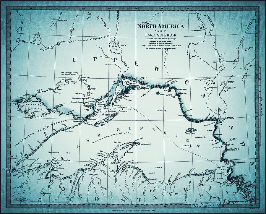 Vintage Photograph - Lake Superior Vintage Map 1832 Ocean Blue  by Carol Japp