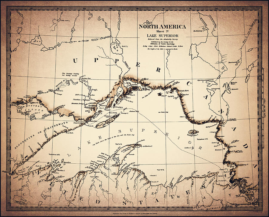 Vintage Photograph - Lake Superior Vintage Map 1832 Sepia  by Carol Japp