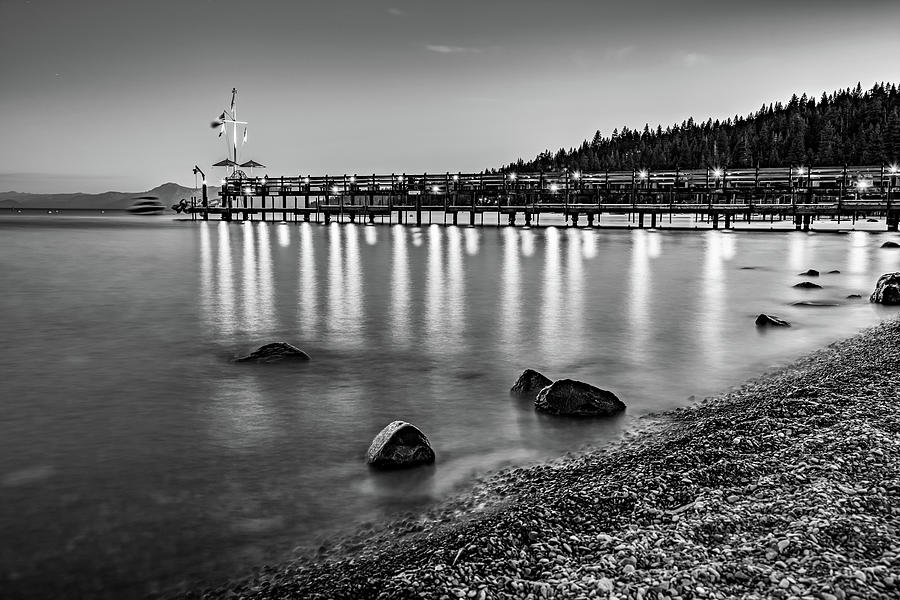 Black And White Photograph - Lake Tahoe And Gar Woods Pier In Black And White - Carnelian Bay California by Gregory Ballos