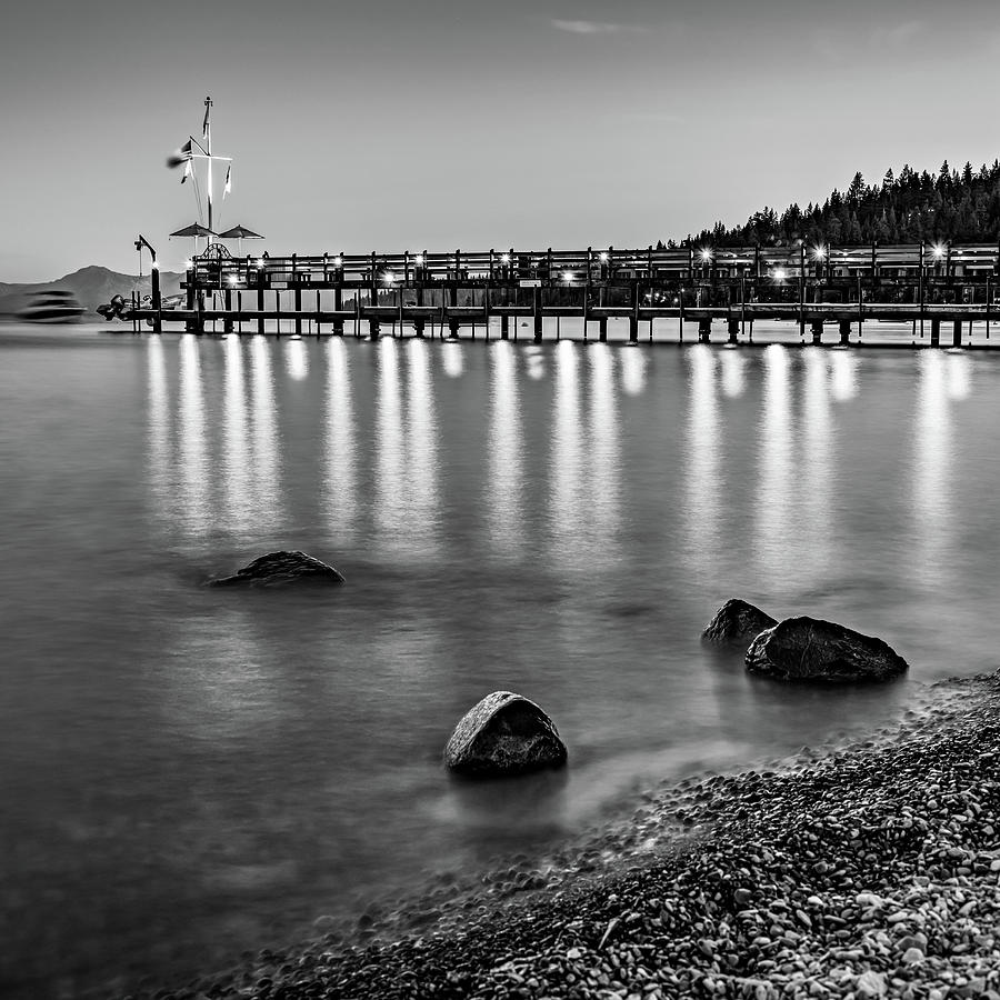 Black And White Photograph - Lake Tahoe California Pier And Carnelian Bay Shoreline - Black And White  by Gregory Ballos