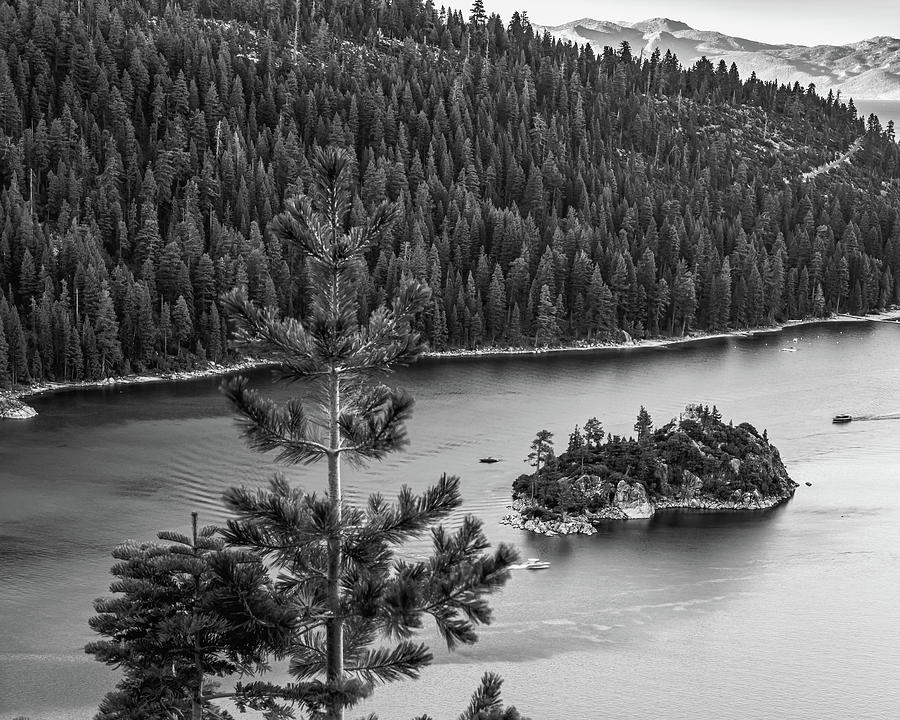 Lake Tahoe Waters And Fannette Island In Emerald Bay - Black And White Photograph by Gregory Ballos