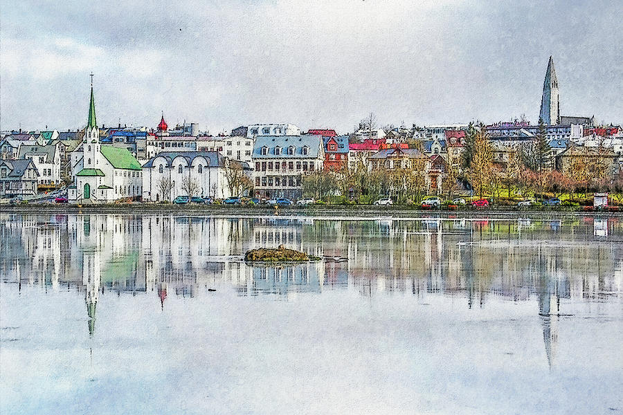 Lake Tjornin, Reykjavik, Iceland Digital Art by Frans Blok