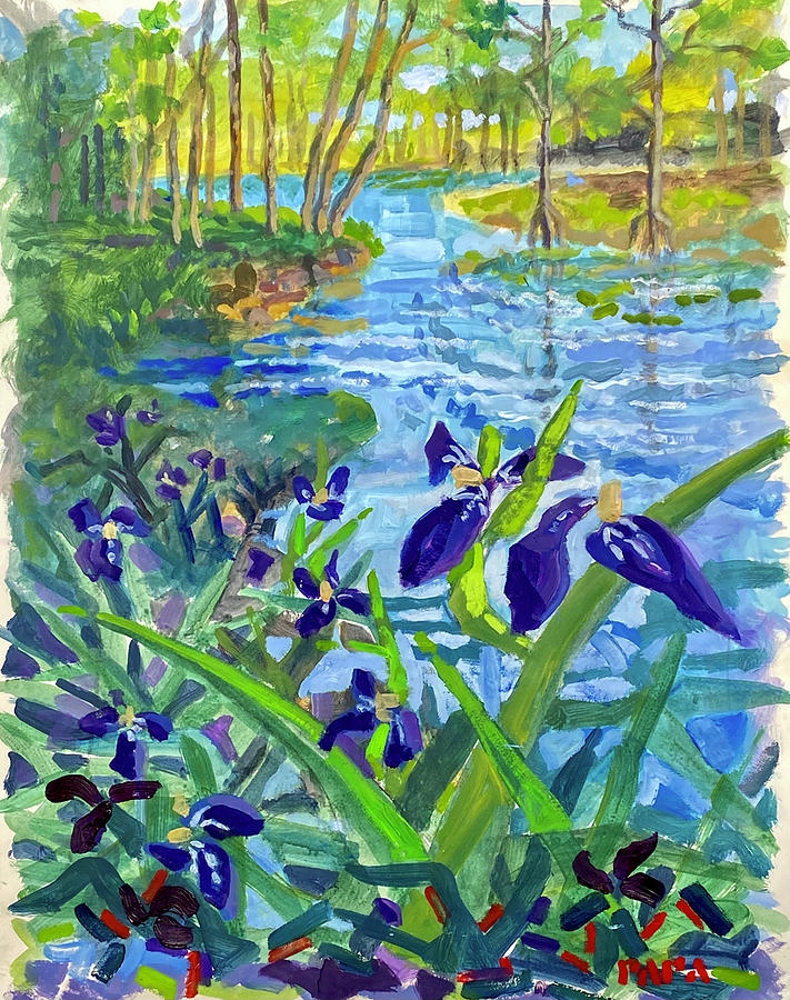 Lake View with Irises Painting by Ralph Papa