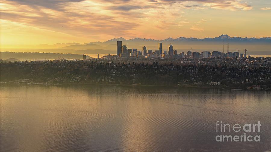 Lake Washington to the Seattle Skyline at Sunset Photograph by Mike Reid