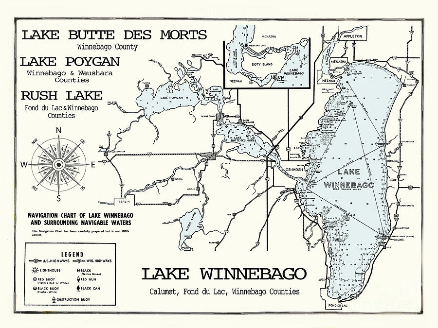 Vintage Digital Art - Lake Winnebago-Poygan-Rush-Butte Des Morts Wisconsin Map by Jean Plout