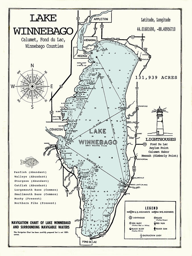 Vintage Digital Art - Lake Winnebago Wisconsin Map  by Jean Plout