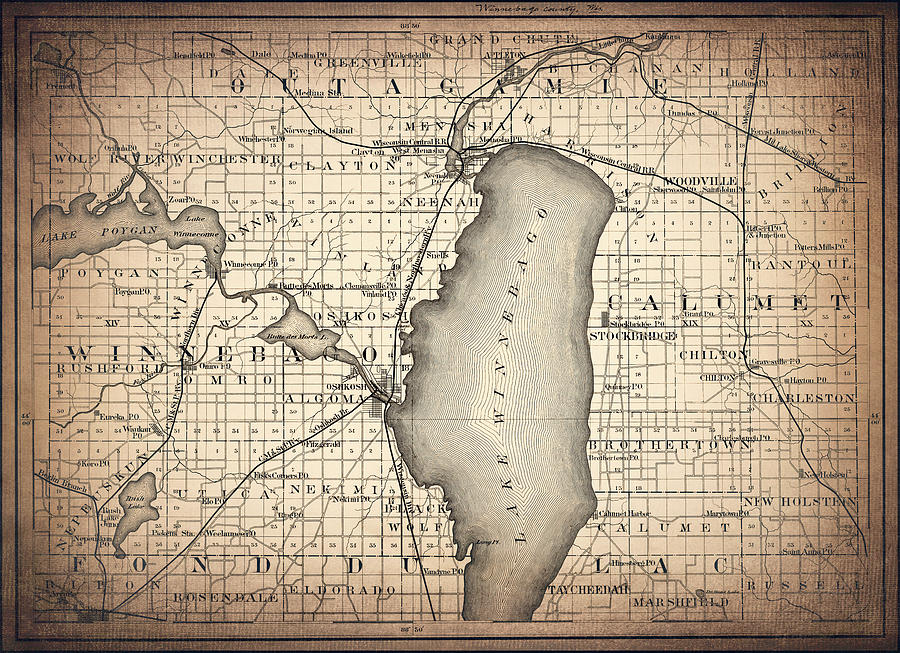 Vintage Photograph - Lake Winnebago Wisconsin Vintage Map 1880 Sepia  by Carol Japp