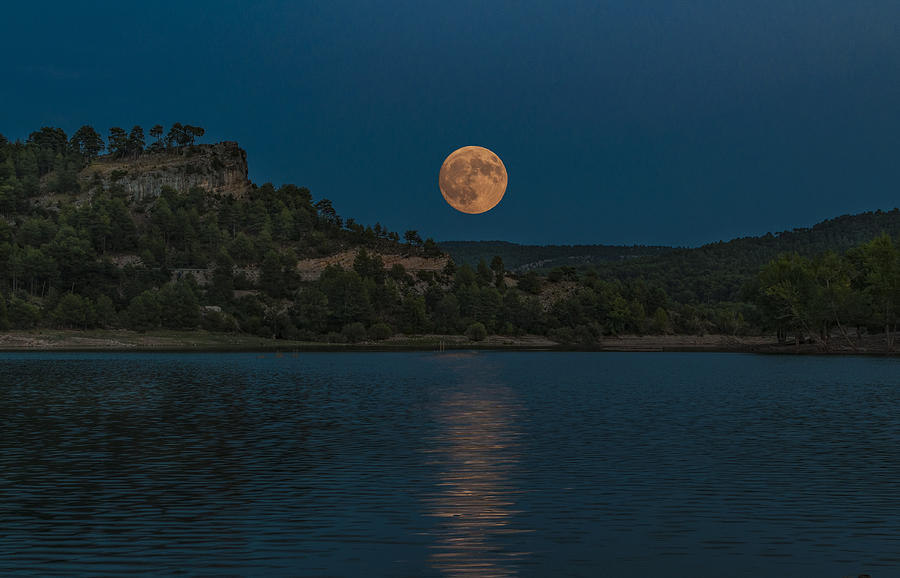 Lake with full moon in spanish mountains Photograph by Miguelangelortega