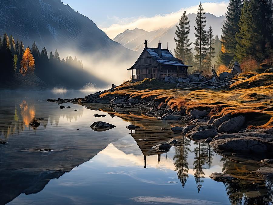 Nature Digital Art - Lake with wooden house by Jasper Joybrush