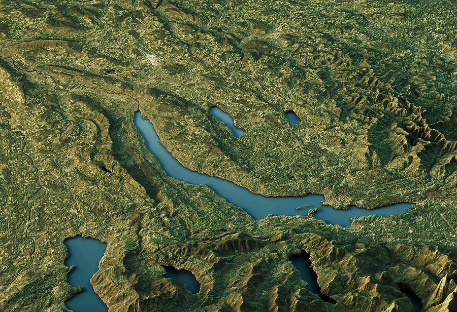 Lake Zurich 3D Landscape View South-North Natural Color Photograph by FrankRamspott