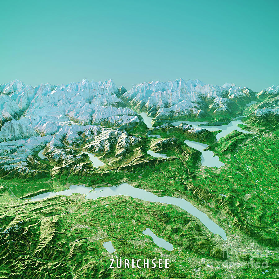 Lake Zurich Topographic Map 3D View Color Digital Art by Frank Ramspott ...