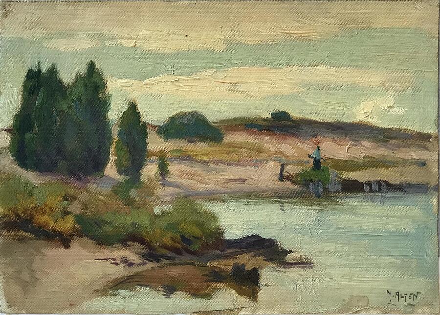 Tree Painting - LAKESHORE WITH FISHERMAN AND CEDARS, 1930 by Mathias Joseph Alten by MotionAge Designs