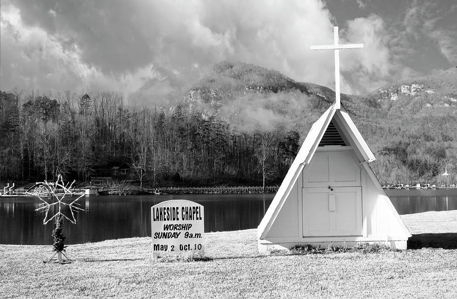Lakeside Chapel Lake Lure NC BW Photograph by Bob Pardue