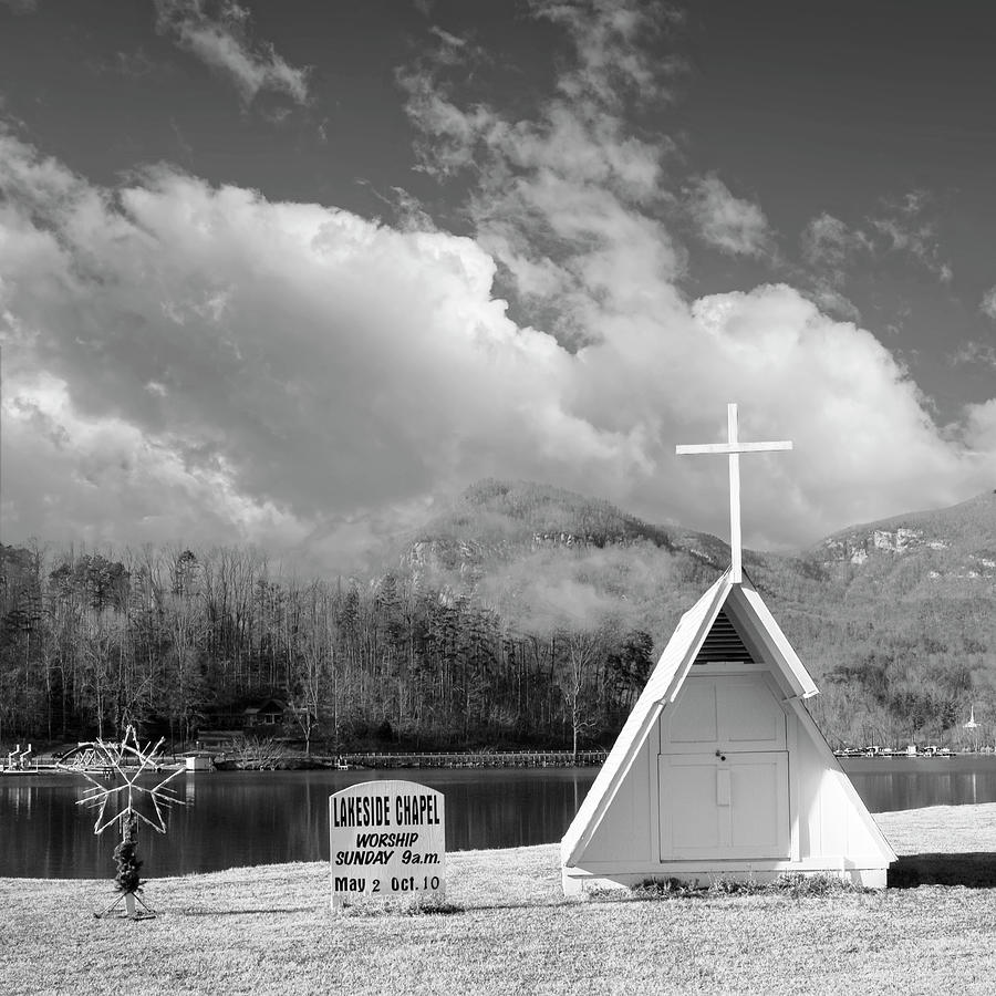 Lakeside Chapel Lake Lure NC SQ BW Photograph by Bob Pardue