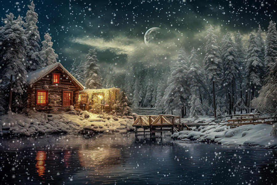 Lakeside Glow in the Winter Eve Digital Art by Bill Posner