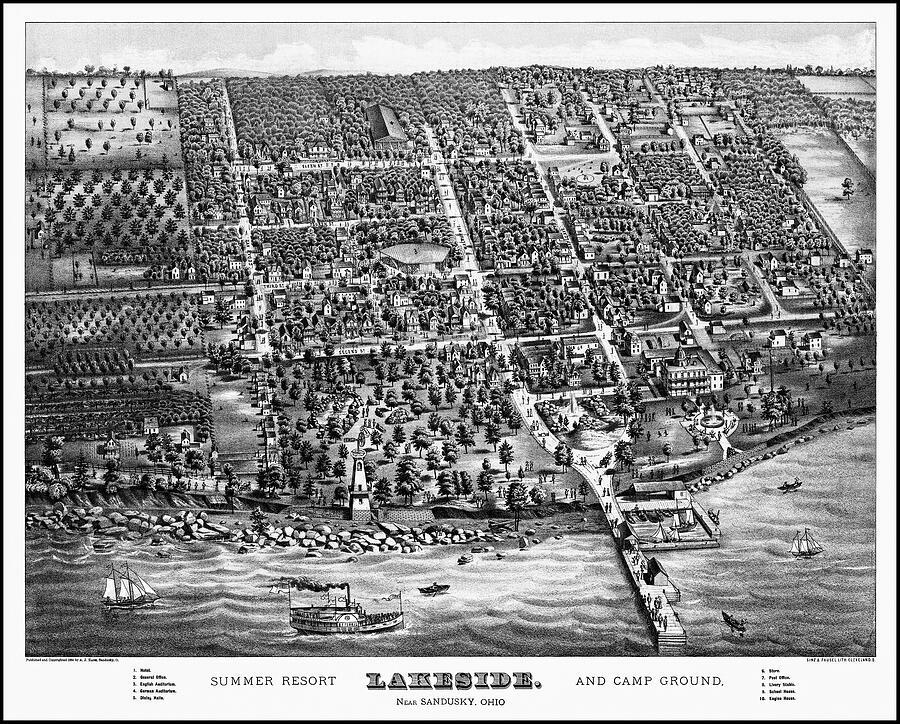 Lakeside Near Sandusky Ohio Vintage Map Birds Eye View 1884 Black and ...