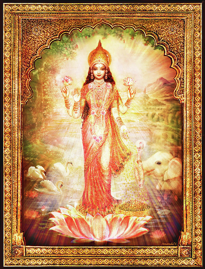 Lakshmi Goddess of Fortune with lighter frame Mixed Media by Ananda Vdovic