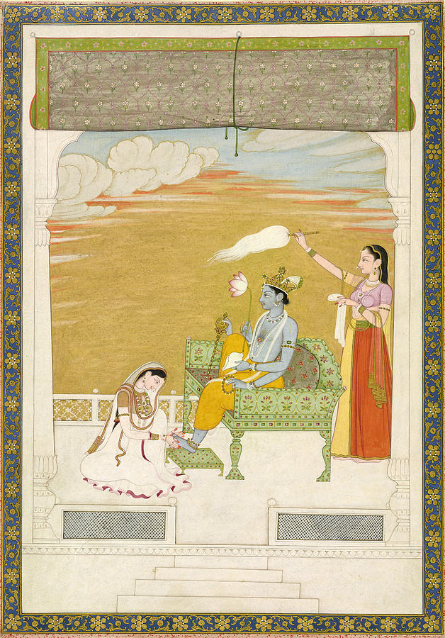 Lakshmi massaging the foot of Vishnu Painting by Attributed to Manju