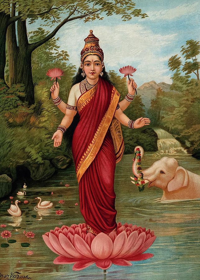Elephant Painting - Lakshmi on her lotus in the water with Elephant by Ravi Varma