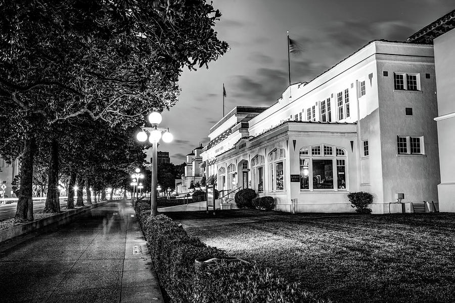 Lamar Bathhouse and Hot Springs Bathhouse Row at Dusk - Black and White Photograph by Gregory Ballos