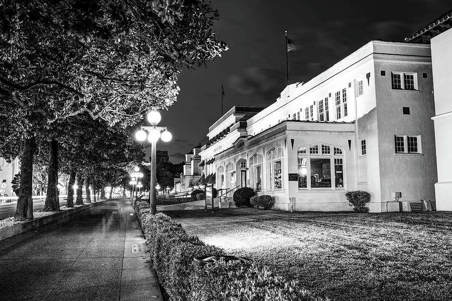 Black And White Photograph - Lamar Bathhouse and Hot Springs Bathhouse Row at Dusk in Monochrome by Gregory Ballos