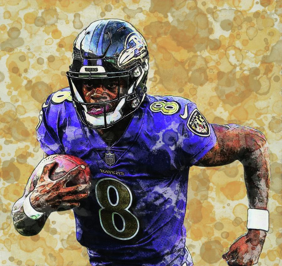 Lamar Jackson Stiff Arm Watercolors T-Shirt by Bob Smerecki - Pixels