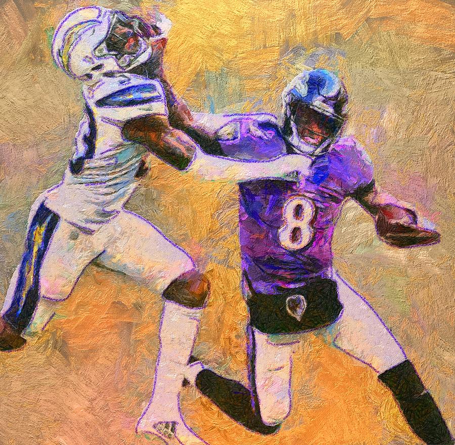 Lamar Jackson Stiff Arm Watercolors T-Shirt by Bob Smerecki - Pixels