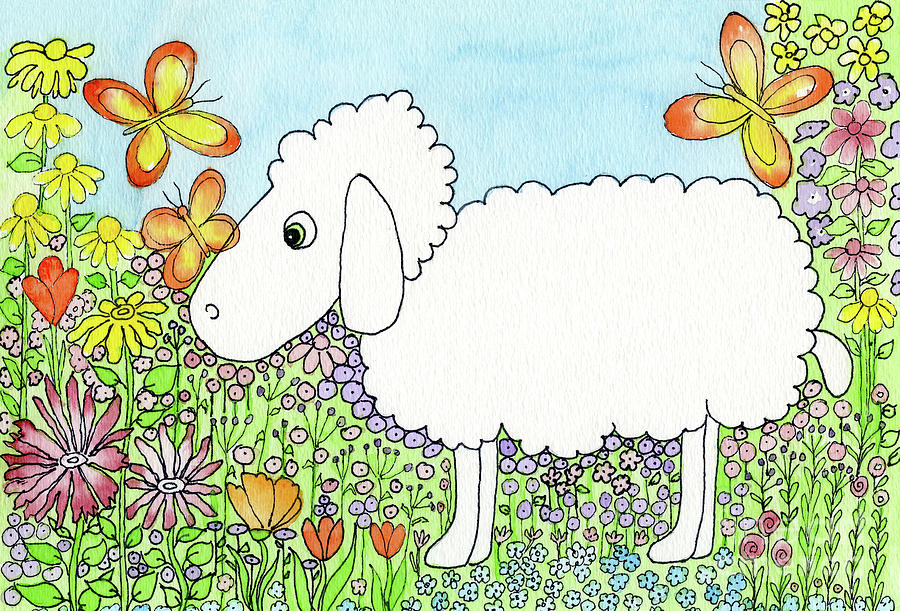 Lamb and Butterflies Painting by Norma Appleton