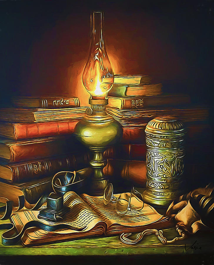 Lamp And Old Book Painting