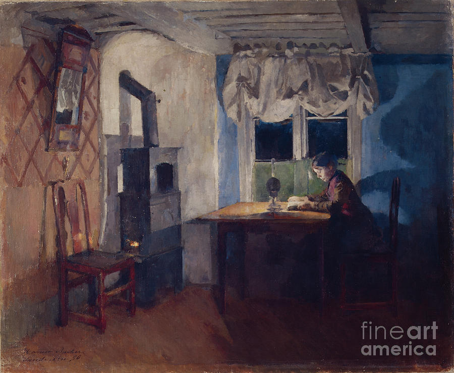 Lamp light, 1890 Painting by O Vaering by Harriet Backer