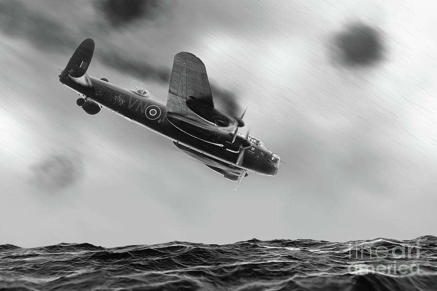 Lancaster bomber crashing into the sea BW Digital Art by Simon Bratt