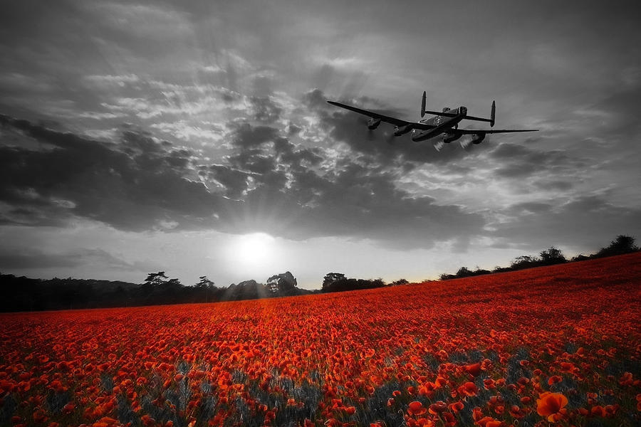 Lancaster Bomber Sunset Return - Red Digital Art by Airpower Art