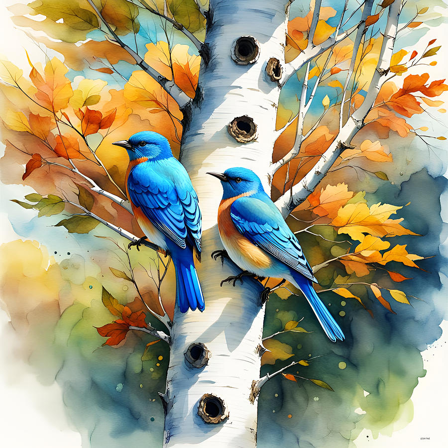 Land Of The Birches Blue Birds Nbr 12 Mixed Media by Lesa Fine
