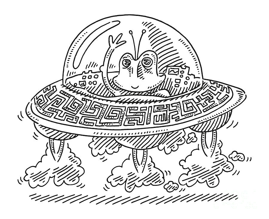 Black And White Drawing - Landing UFO Alien Creature Drawing by Frank Ramspott
