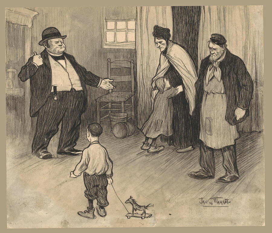 Landlord expels family from home Drawing by Johannes Hendrikus de Waardt