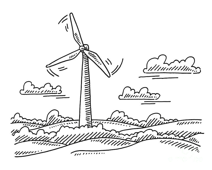 Landscape And Wind Turbine Drawing Drawing by Frank Ramspott - Pixels Merch