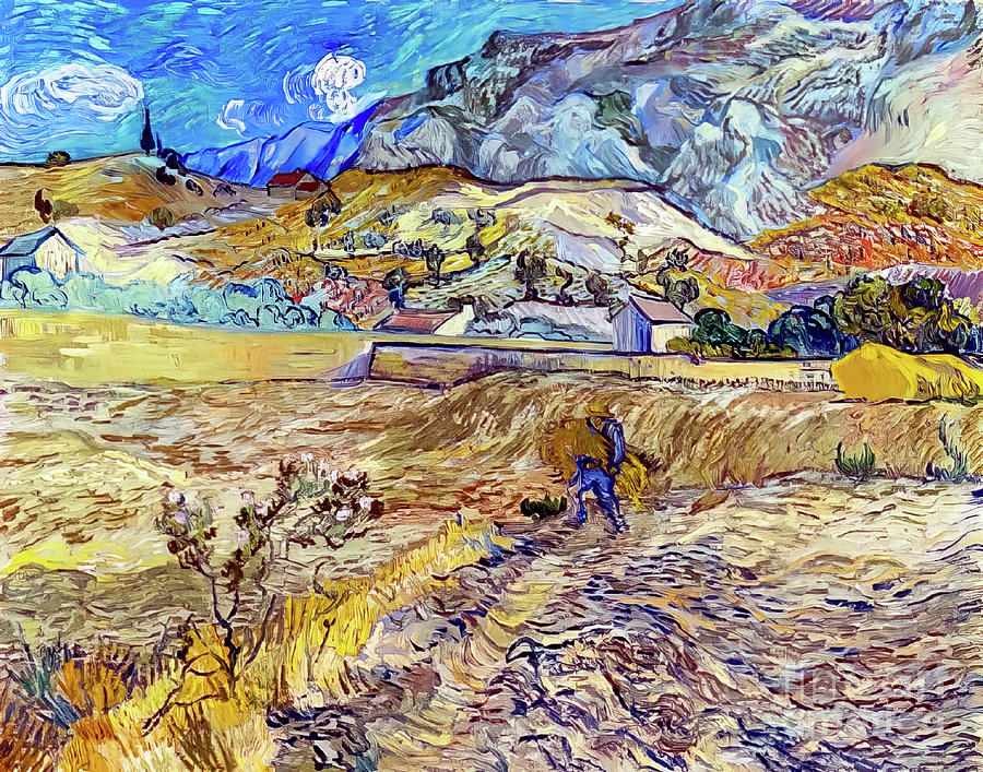 Landscape at Saint Remy, Enclosed Field with Peasants by Vincent Painting by Vincent Van Gogh